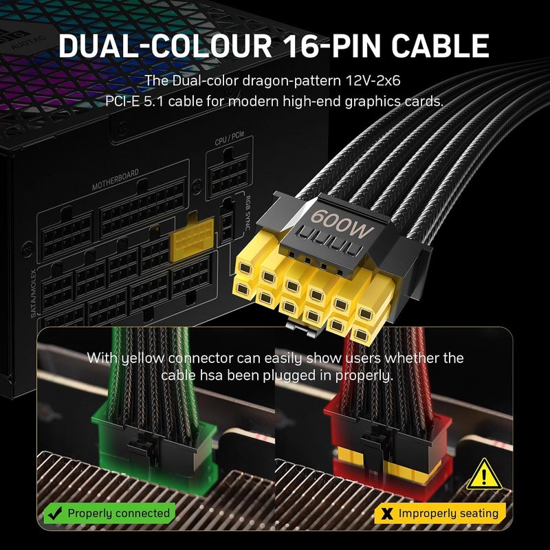 Auotac مزود طاقة 1000 واط بالكامل معتمد 80+ ذهبية مع كابل 12V-2x6 – متوافق مع ATX 3.1 و PCIe 5.1، مروحة ذكية RGB منخفضة الضوضاء 140 مم، مكثفات مصنفة 105℃، سوداء - Image 3
